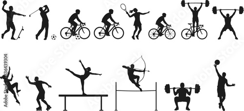 Collection of nine dynamic black female silhouettes posing seductively and confidently, isolated on a white background, suitable for fashion, glamour, party, and nightlife marketing materials.