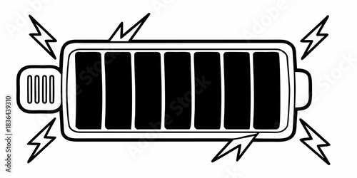 Illustration of a fully charged battery with lightning bolts indicating power and energy source flow