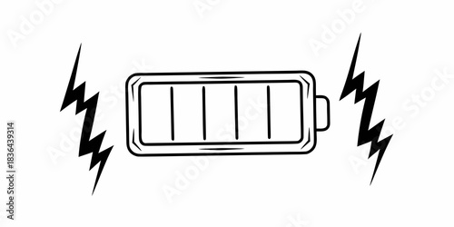 Illustration of a charging battery with lightning bolts on both sides in black and white design