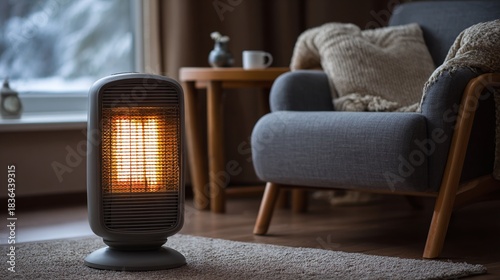 A cozy interior scene featuring a space heater radiating warmth. The heater is positioned in a serene living room setting with an armchair, table, and window, creating a comfy ambiance.