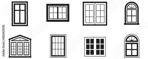 Collection of diverse architectural window icons perfect for home improvement design projects and construction blueprints
