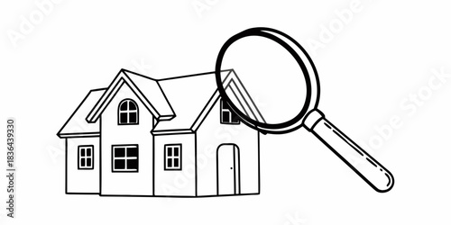 House inspection with magnifying glass showing details of the home exterior drawing style vector