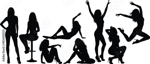 Set of eight black female silhouettes in various fashionable, seductive, and dynamic posing and dancing stances, isolated on a white background, symbolizing beauty, glamour, and confidence.