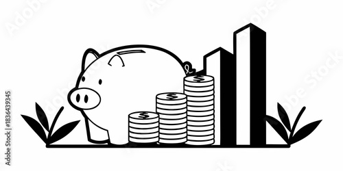 Piggy bank with coin stacks and bar graph showing financial growth and savings concept art design