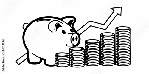Piggy bank with stacks of coins and upward arrow indicating financial growth and savings increase idea