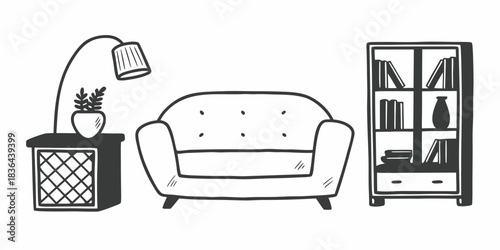 A simple drawing of a living room featuring a sofa bookshelf lamp and side table with plant pot