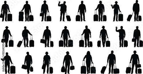 Collection of traveler silhouettes walking with suitcases, representing concepts of business trips, summer vacation, tourism, travel destinations, airport 