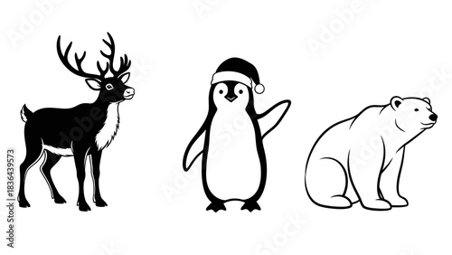 Festive Winter Animals - Reindeer, Penguin, and Polar Bear Illustrations.