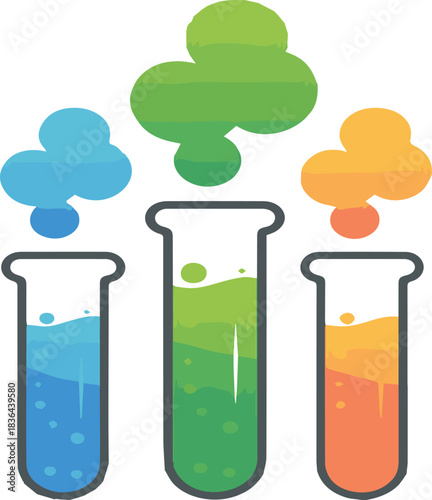 Three colorful test tubes with bubbling liquids and smoke clouds science laboratory