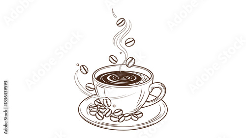 Hand-drawn coffee cup with coffee beans illustration on white background.