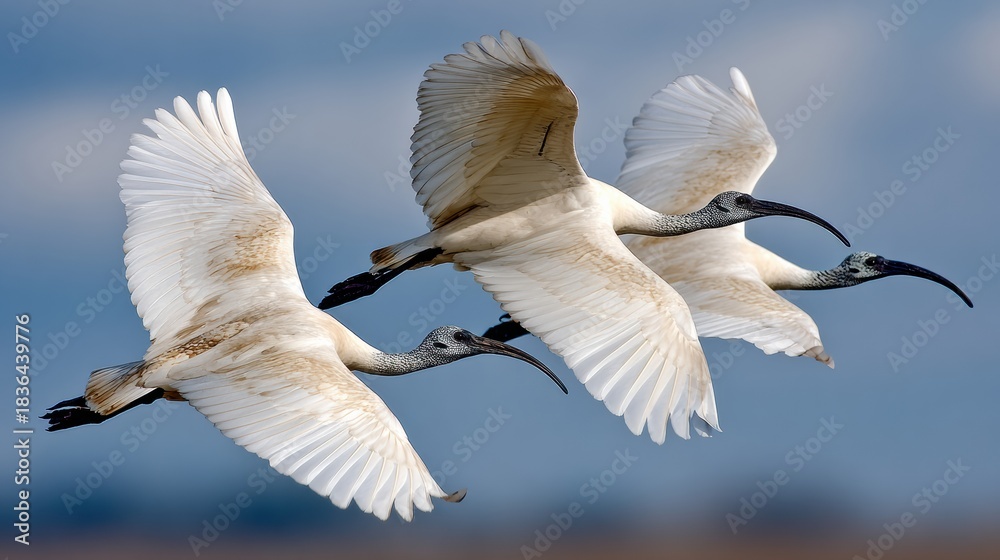 Obraz premium Sacred Ibises Take Flight Over the Nile Delta, Symbolizing Guardianship in Ancient Egyptian Culture During Daylight Hours