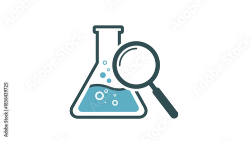 Scientific Exploration - Flask and Magnifying Glass in Chemical Research.
