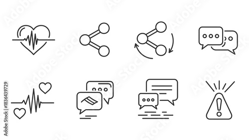 Set of linear icons representing health, communication, and alert.
