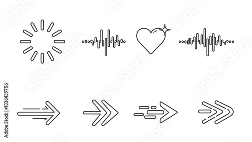 Set of linear icons representing loading, sound waves, heart, and arrows.