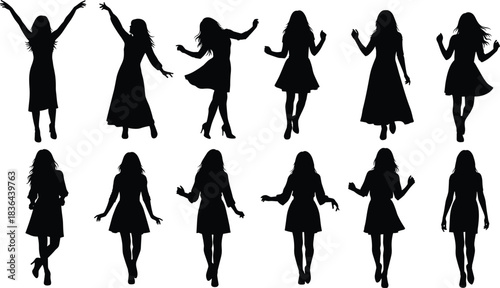 Beautiful Silhouette of Women Dancing and Posing in Dresses, Celebrating Freedom, Joy, Party, and Female Empowerment, Vector Set for Design