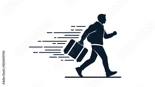 Silhouette of a businessman running with a briefcase, symbolizing urgency and speed.