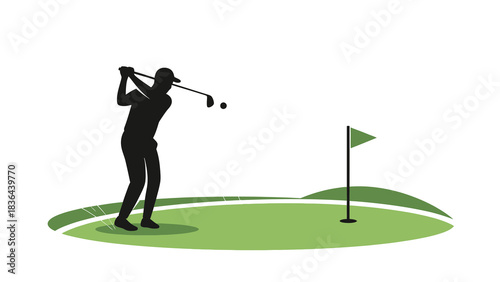 Silhouette of a Golfer Swinging Club on Green Course.