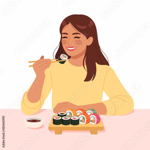 This delightful image captures a woman enjoying a beautiful platter of sushi, skillfully using chopsticks, celebrating the rich flavors and cultural significance of Japanese cuisine.