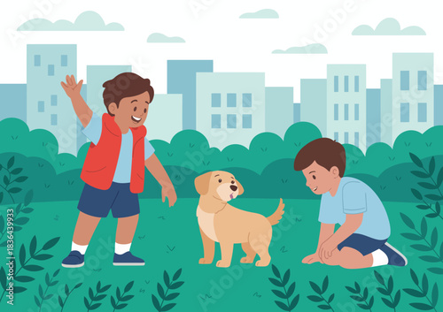 This cheerful illustration depicts two children happily interacting with a playful dog in a vibrant park, showcasing the joy of friendship and pet companionship.