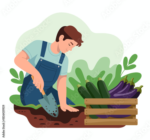 A young man is seen digging in the soil to promote healthy growth, surrounded by fresh vegetables, illustrating the importance of sustainable gardening and nurturing nature.