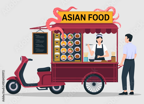 An engaging scene of an Asian food truck, showcasing delicious dishes being prepared and served, reflecting culinary diversity and the vibrant street food culture.