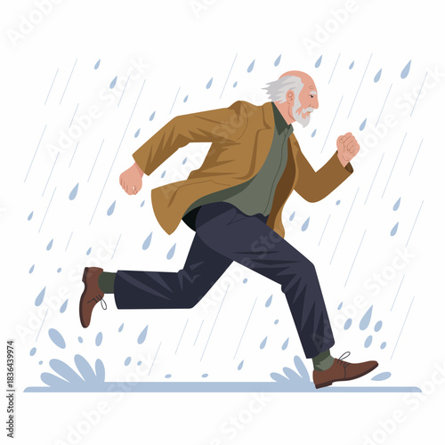 An elderly man in a tan coat is energetically running through the rain, showcasing resilience and vitality, even in challenging weather conditions. His joyful spirit shines through.