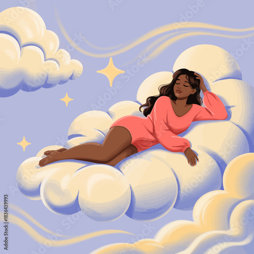 A serene woman rests on a fluffy cloud, symbolizing relaxation and peace, embodying tranquility and dreams in a whimsical and artistic portrayal of slumber.