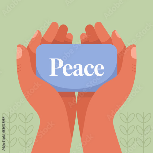 An illustration of hands tenderly holding a light blue block with the word 'Peace', symbolizing harmony and serenity in a gentle, pastel-colored backdrop of nature.