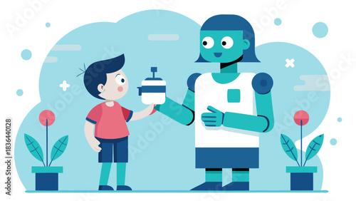 Friendly robot giving a drink to a curious boy in a futuristic garden setting