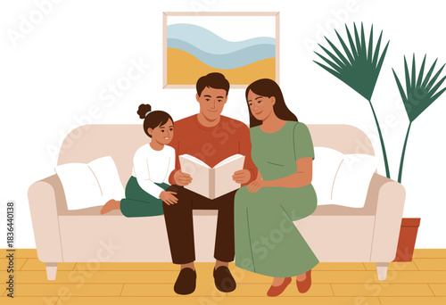 A heartwarming scene of a family enjoying reading together on a cozy couch in their living room, showcasing the importance of togetherness and sharing stories.