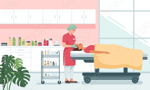 An inviting spa scene featuring a therapist tending to a client, surrounded by beauty products, showcasing a serene atmosphere ideal for relaxation and self-care.