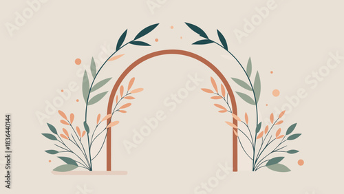 Minimalist floral arch with leaves and orange flowers on beige background, perfect for wedding invitation design