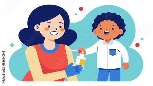 Smiling boy pretending to give a vaccine to a cheerful woman in a playful medical roleplay scene