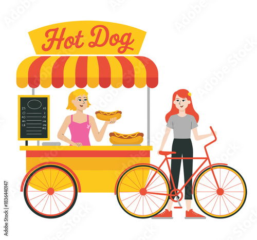 A cheerful scene depicting a hot dog stand with two girls engaging happily, capturing the essence of community, fun, and enjoyment in a vibrant, cartoonish style.