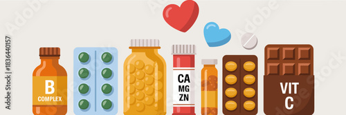 A vibrant arrangement of various vitamins and supplements displayed in colorful containers, promoting health and wellness in a visually appealing way.