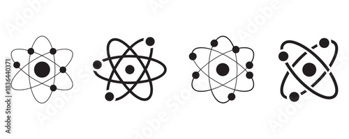 Collection of diverse atom icons showing nucleus and orbiting electrons perfect for science and technology concepts