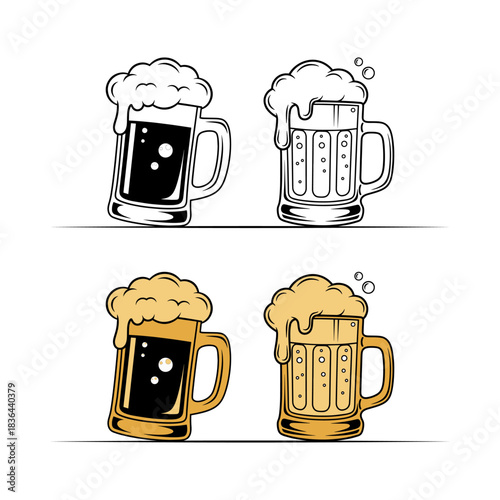Beer Mug Vector Set Frothy Pint Glasses Craft Brewery Illustration for Bar Menu Oktoberfest T Shirt Design