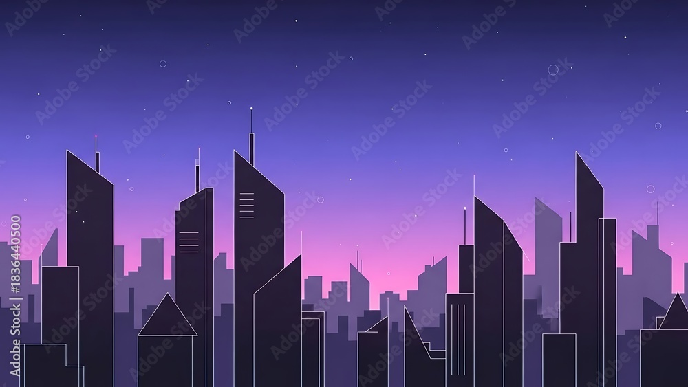 Naklejka premium Vibrant twilight city skyline silhouette with modern buildings and stars. Urban landscape vector illustration background.