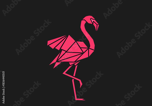 Pink lowpoly flamingo standing on one leg against a dark background