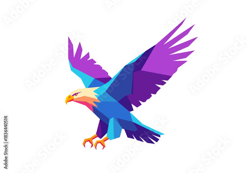 Stylized colorful polygon art of a bald eagle descending with wings spread