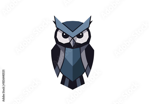 Stylized lowpoly illustration of a dark blue and gray owl centered on a white background