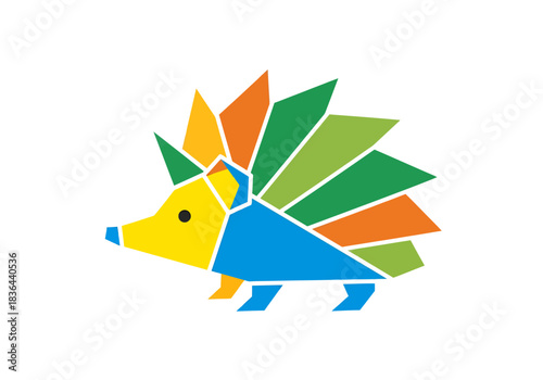 Stylized multicolored geometric hedgehog illustration on a white background