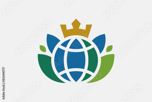 A stylized logo featuring a blue globe with a golden crown on top, flanked by green leaf-like elements, symbolizing global excellence and nature.