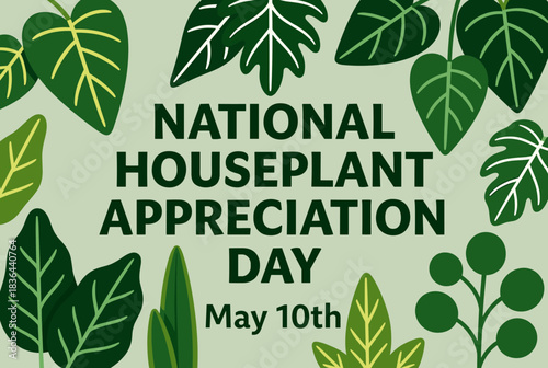 A graphic celebrating National Houseplant Appreciation Day on May 10th, featuring various green leaves of indoor plants on a light green background.