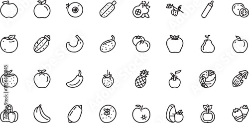 Assortment of Hand Drawn Fruit and Vegetable Icons in Black Outline on White Background Keywords: apple, banana, berry, cartoon, cherry, citrus, cucumber, drawing, doodle, food, fruit, graphic