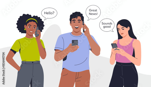 A cheerful scene of three friends engaged in conversation via their phones, representing the blend of social interaction and technology in fostering personal connections in life.