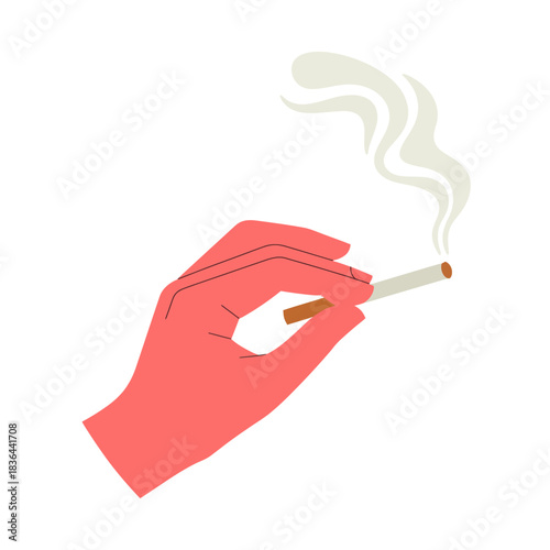 A close-up of a hand holding a cigarette releasing a plume of smoke, illustrating a moment of contemplation and the allures and challenges of smoking in a stark, artistic portrayal.