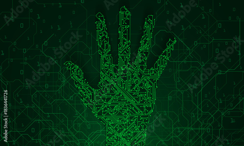 Abstract neon hand of circuit board, glowing technology concept. AI Artificial Intelligence chipset on circuit board in futuristic concept suitable for future technology artwork, Web Banner Abstract
