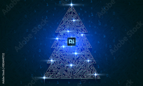 Abstract neon christmas tree of circuit board, glowing technology concept. AI Artificial Intelligence chipset on circuit board in futuristic concept suitable for future technology artwork