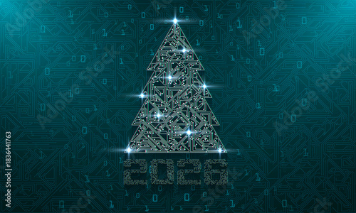 Abstract neon christmas tree of circuit board, glowing technology concept. AI Artificial Intelligence chipset on circuit board in futuristic concept suitable for future technology artwork